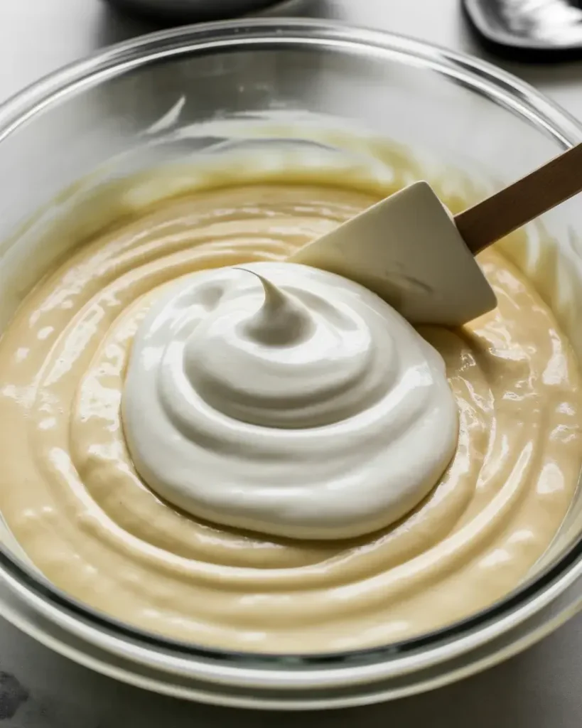 Folding sour cream into the cream cheese batter for a tangy, silky smooth cheesecake texture