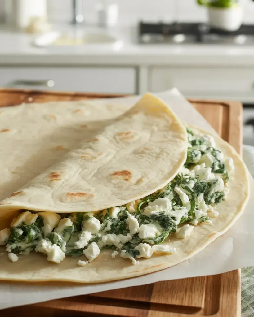 Folding the tortilla over the spinach feta filling before cooking in the skillet