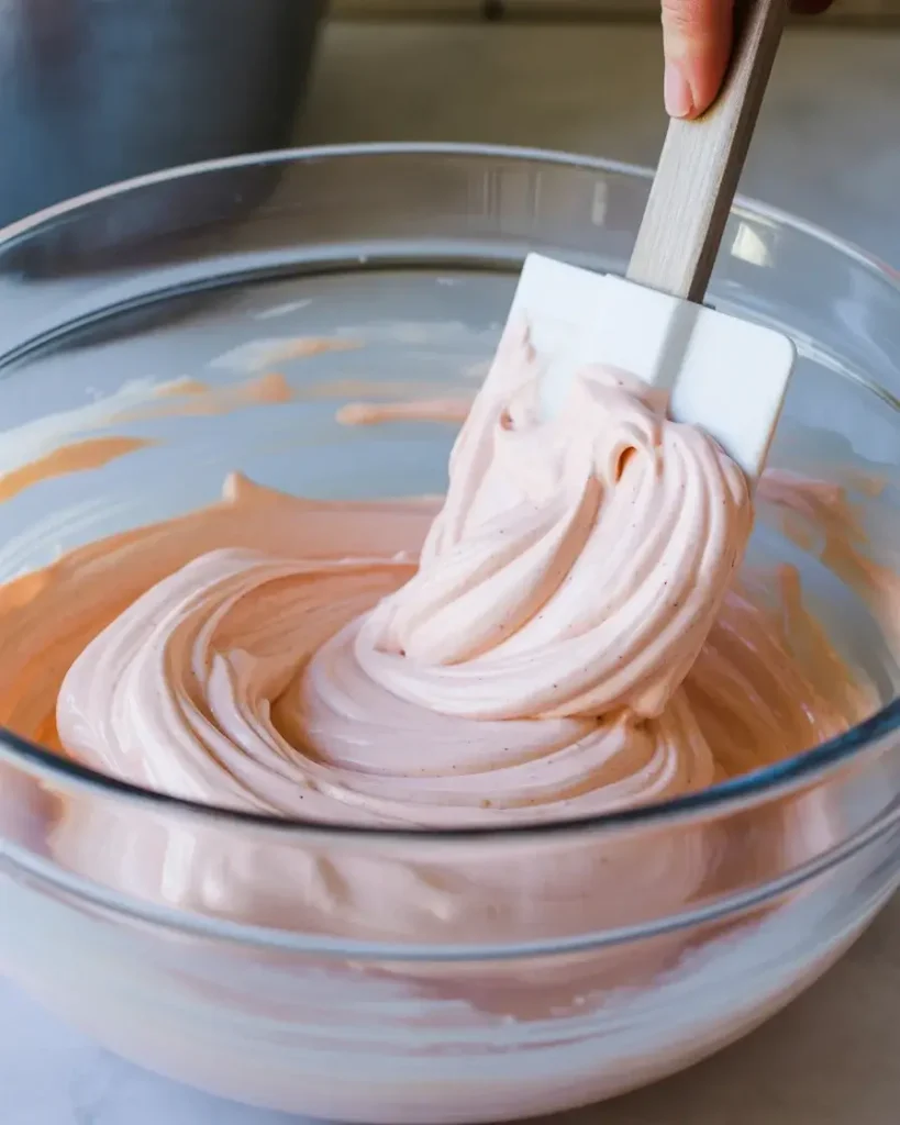 Folding whipped topping into the peppermint cream cheese for a light, fluffy layer