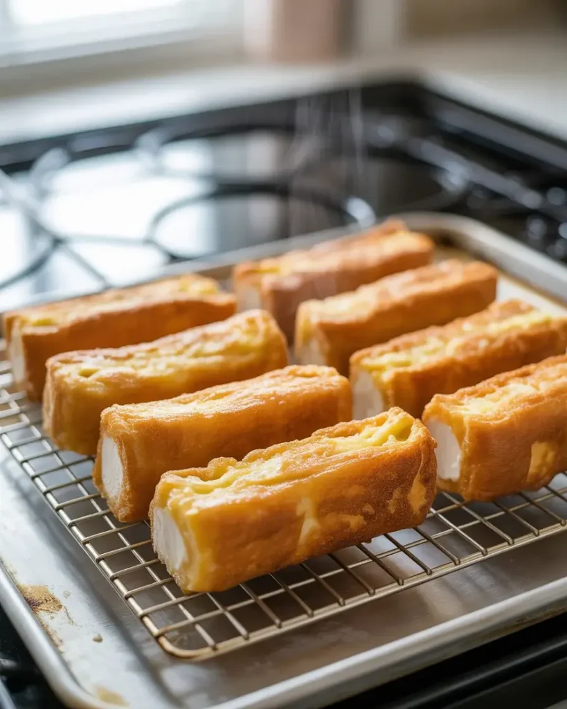 French toast sticks resting on a wire rack to stay crispy before serving