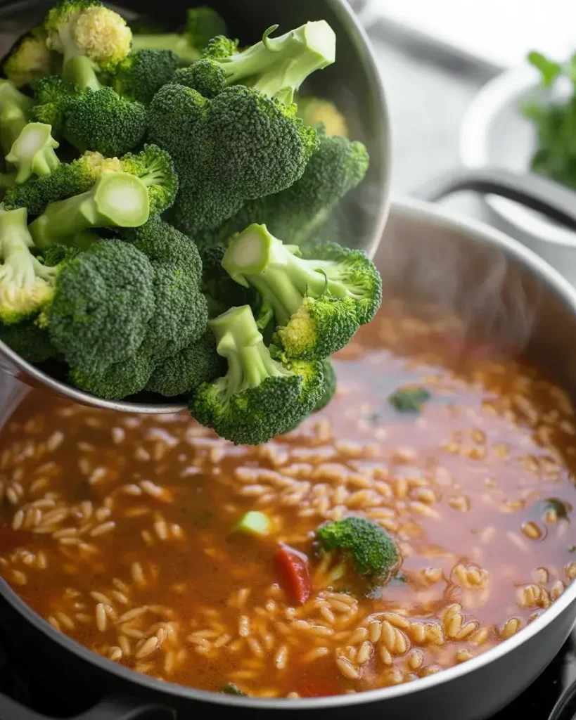 Fresh broccoli florets simmered in the orzo soup until just tender and bright green