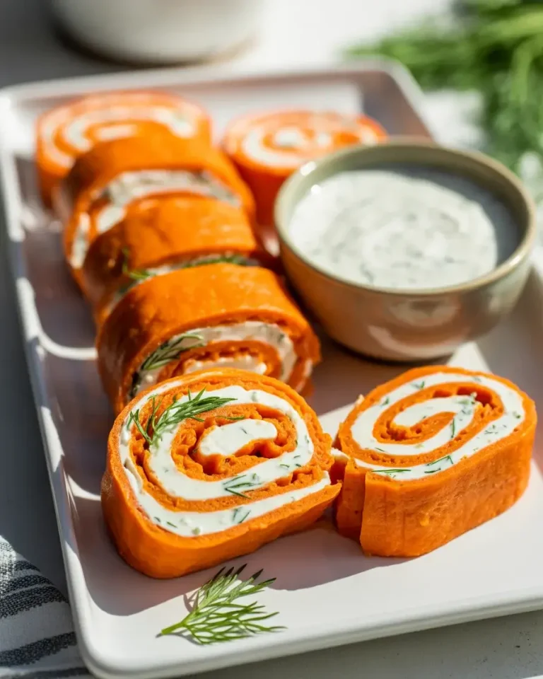 Fresh carrot roll ups with herbed cream cheese sliced into vibrant bite-sized rounds
