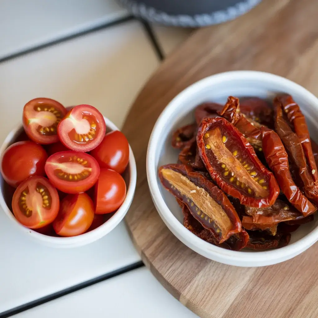 Fresh cherry tomatoes vs. sun-dried - both work, delivering very different flavor profiles