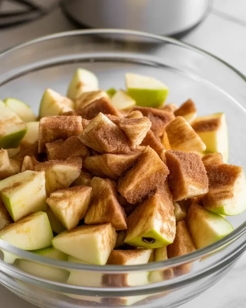 Fresh diced apples coated in cinnamon sugar mixture for the filling
