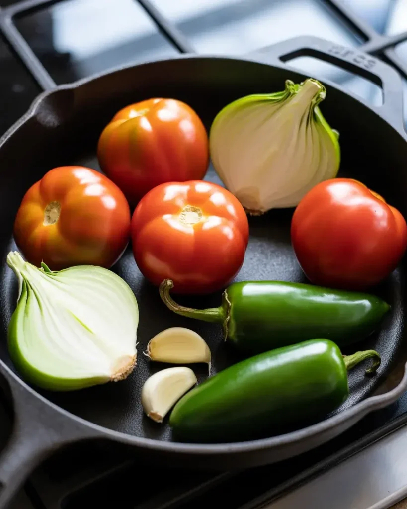 Fresh tomatoes, jalapeños, onion, and garlic prepped dry on cast iron before fire roasting