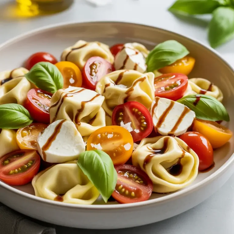 Fresh tortellini caprese salad with balsamic glaze, mozzarella, tomatoes, and basil