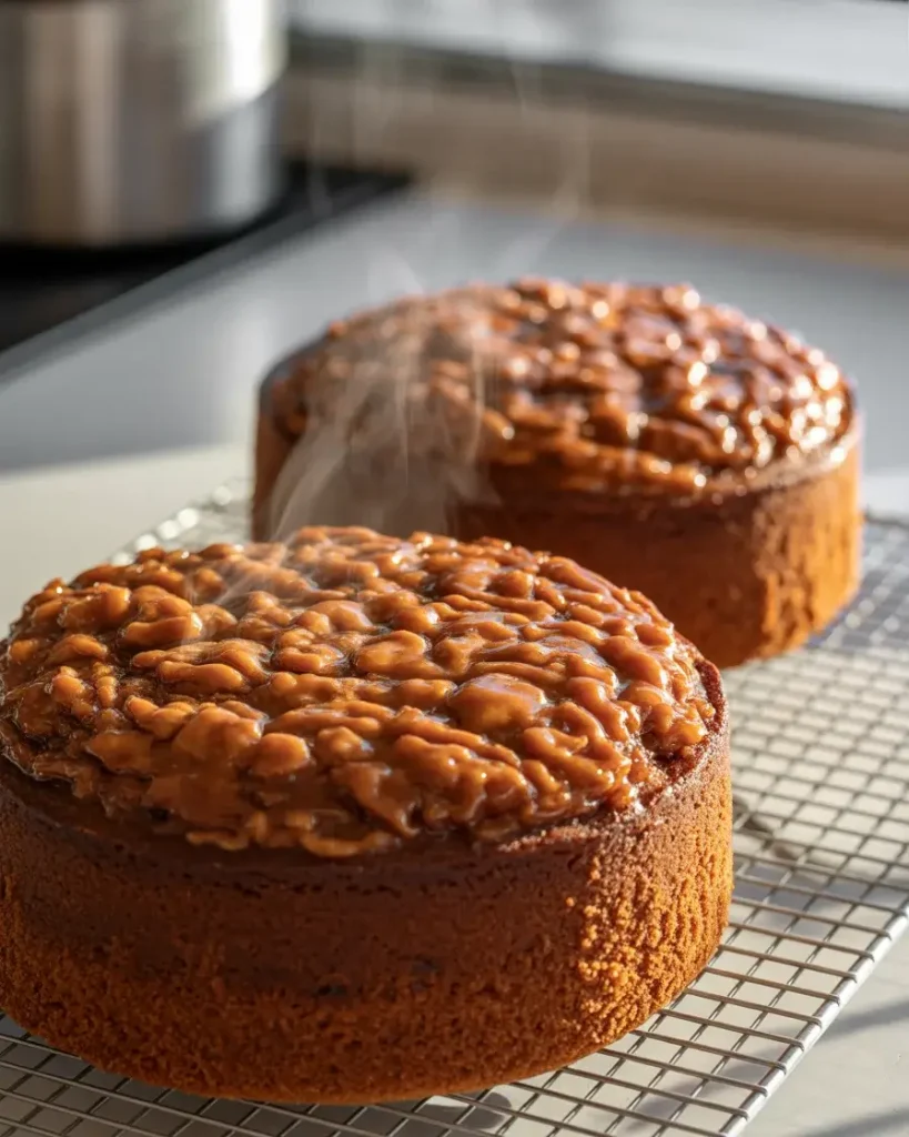 Freshly baked butterscotch crunch cake layers cooling with caramelized golden topping