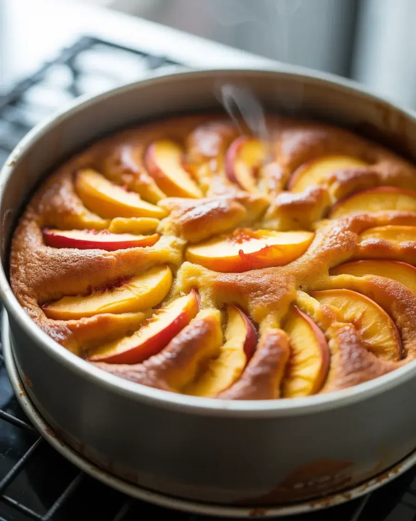 Freshly baked lavender peach cake golden and fragrant straight from the oven