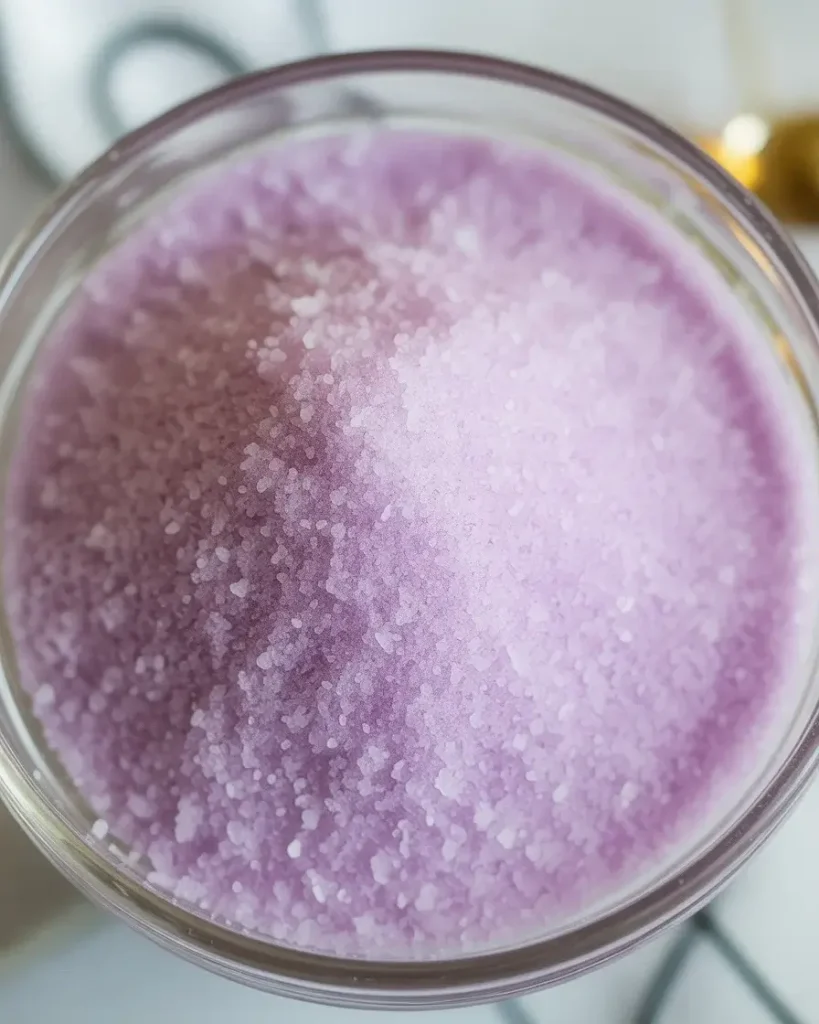 Freshly blended lavender sugar with visible flecks and a pale purple tint