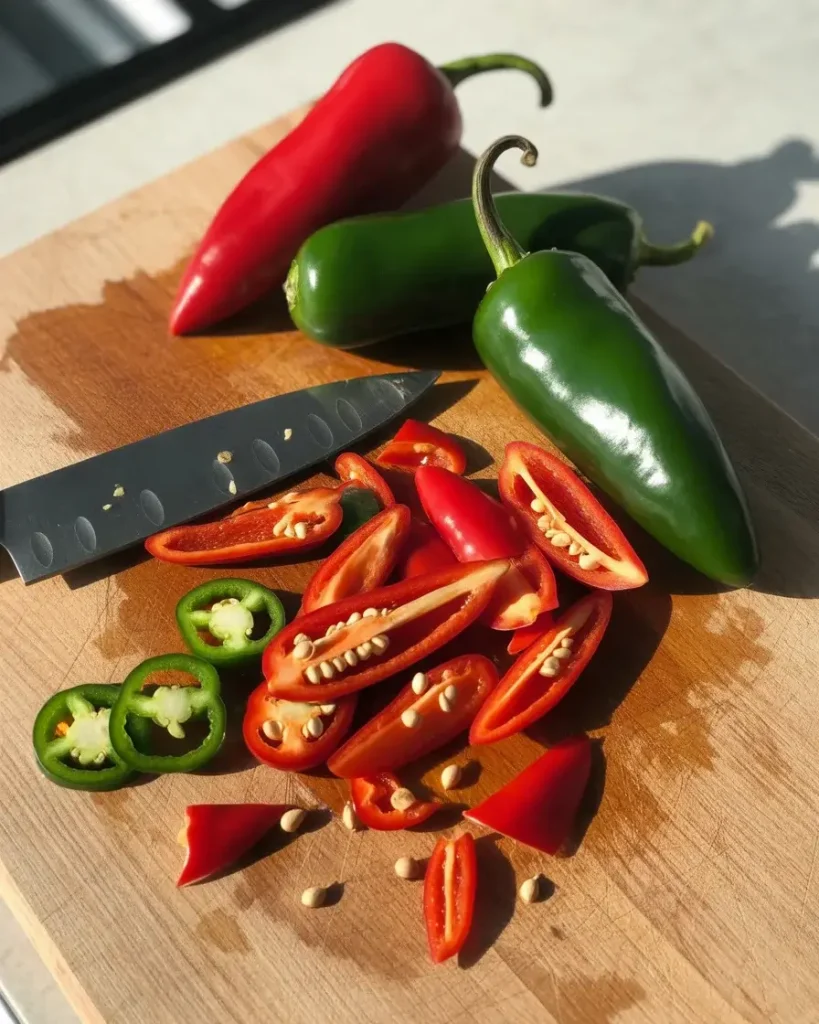 Freshly chopped cayenne and jalapeño peppers ready for the sauce base