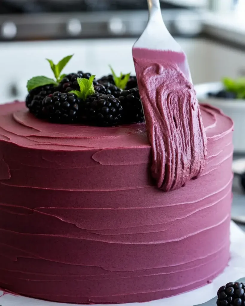 Frosting the assembled cake layers with purple blackberry bourbon buttercream