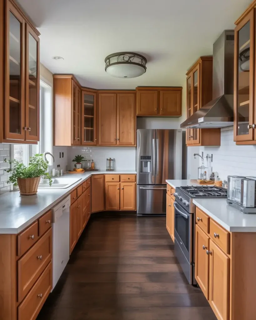Full kitchen view showcasing clear alder cabinets in a light stain with contrasting countertops and modern appliances