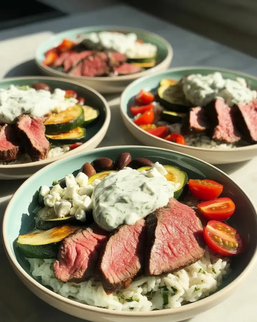 Fully assembled Mediterranean steak bowls with tzatziki, feta, and roasted vegetables
