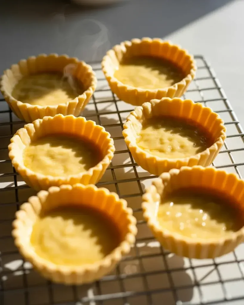 Fully blind-baked tart shells cooling on a rack before filling