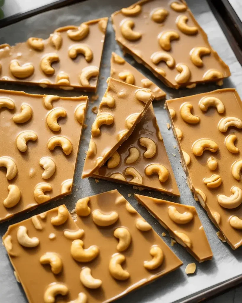 Fully cooled brittle broken into golden, cashew-studded shards