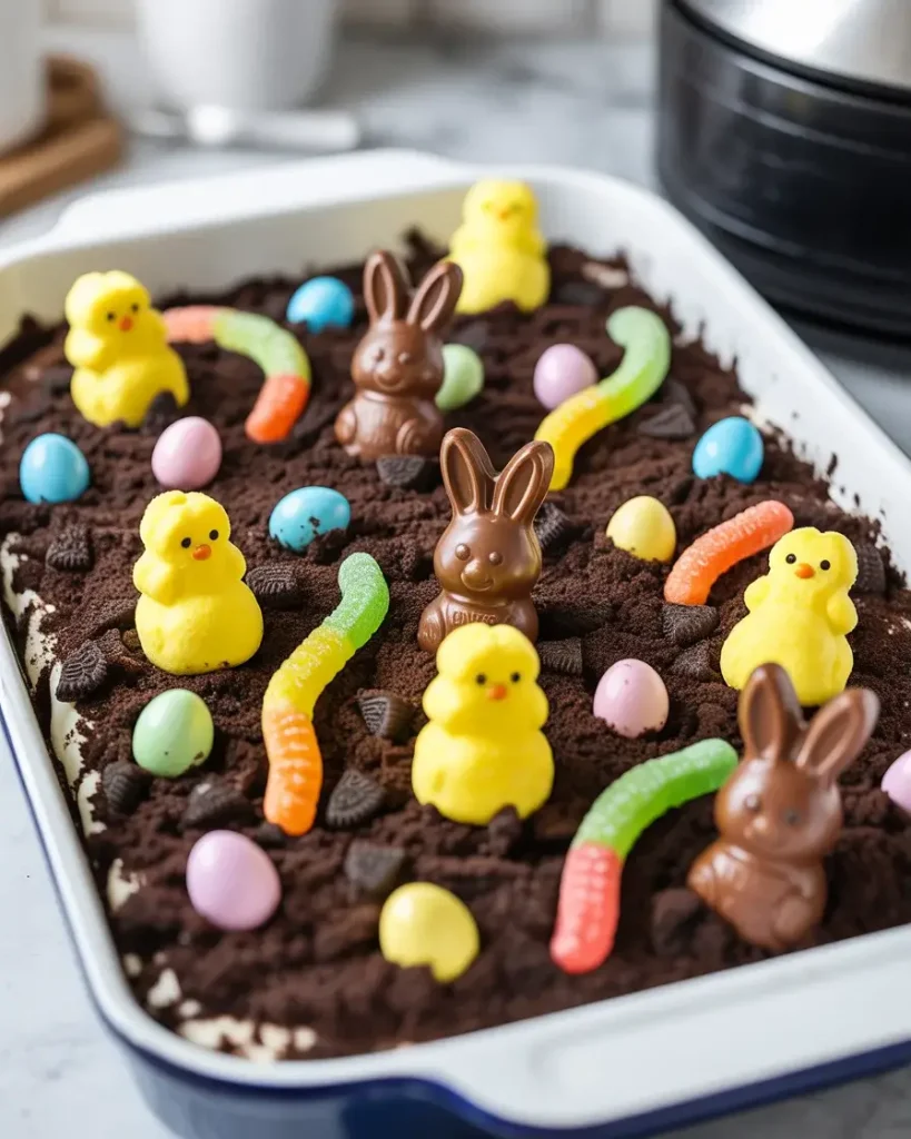 Fully decorated Easter dirt cake casserole with Peeps, candy eggs, and gummy worms