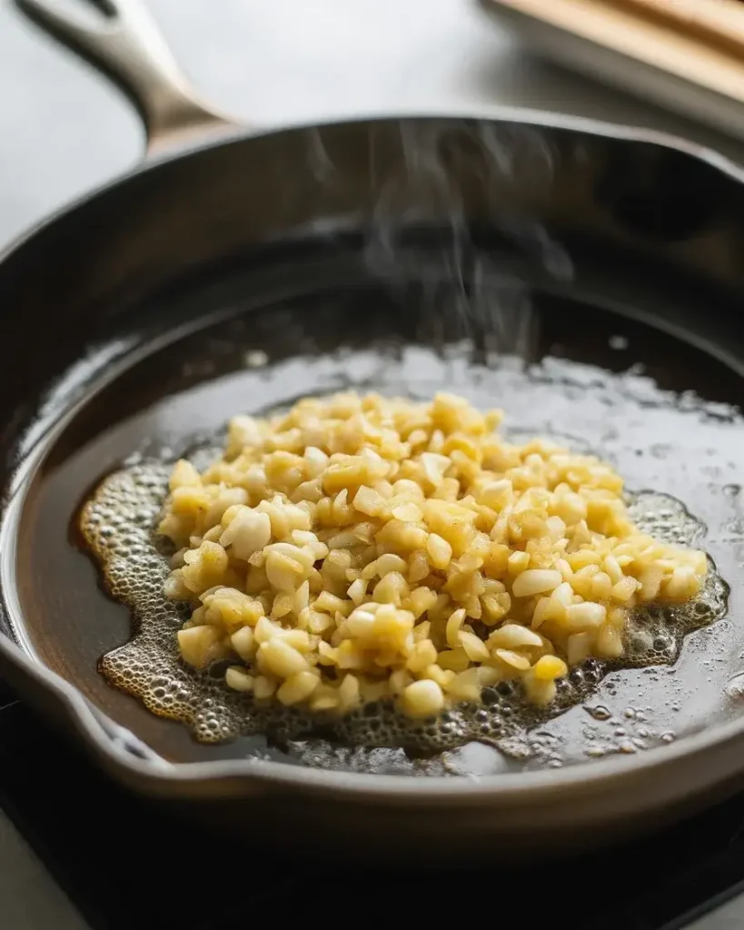 Garlic and ginger sizzling in hot oil until fragrant and just golden