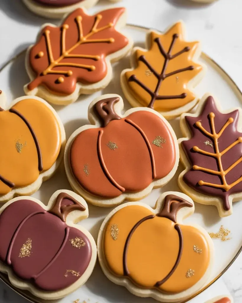 Gel food coloring in fall shades creates vibrant, defined autumn cookie decorations.