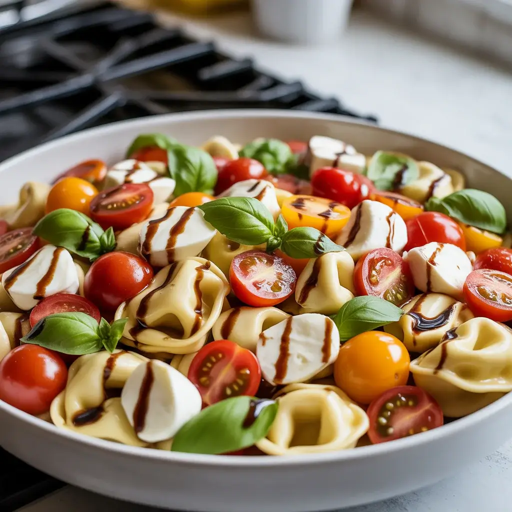 Gently tossing tortellini with tomatoes, mozzarella, and basil in balsamic dressing