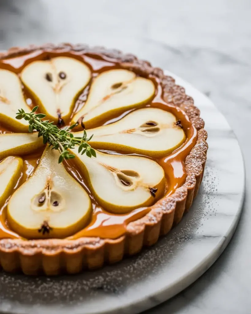 Glazed pear frangipane tart dusted with powdered sugar and ready to serve