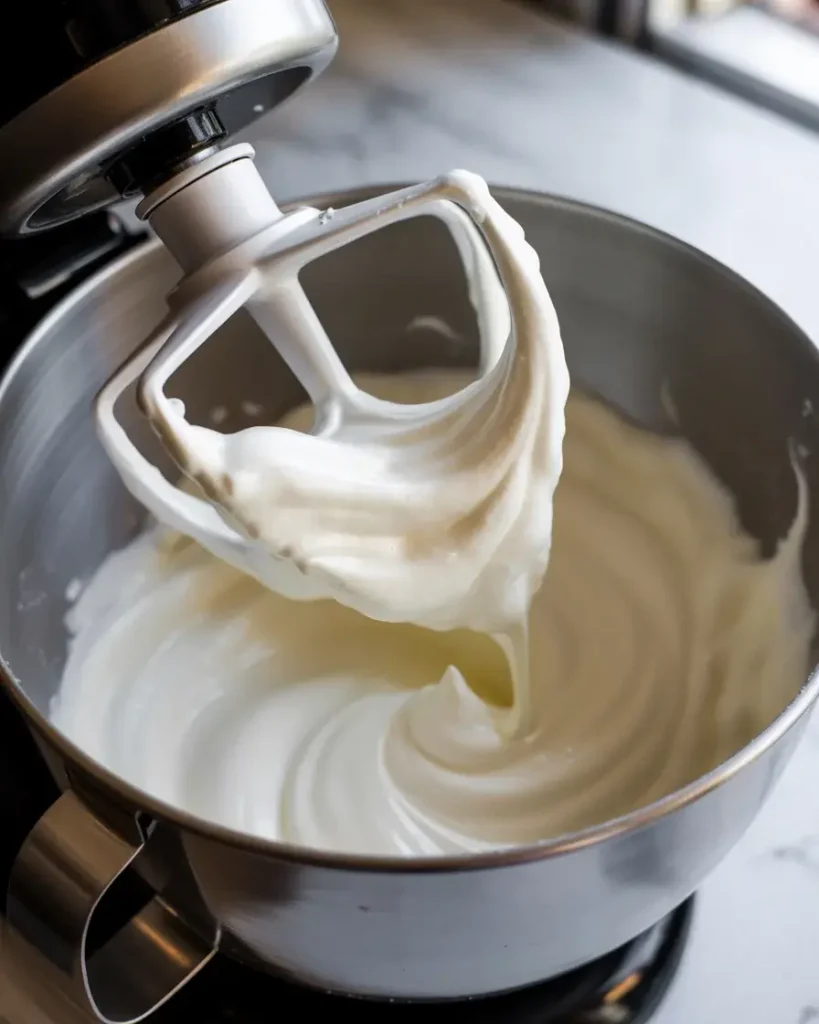 Glossy Swiss meringue whipped to stiff, shiny peaks