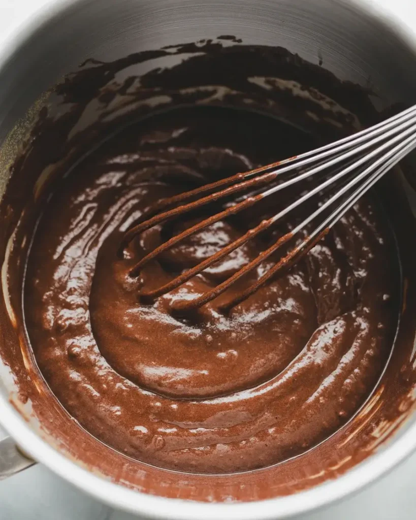 Glossy brownie batter after incorporating eggs and sugarGlossy brownie batter after incorporating eggs and sugar