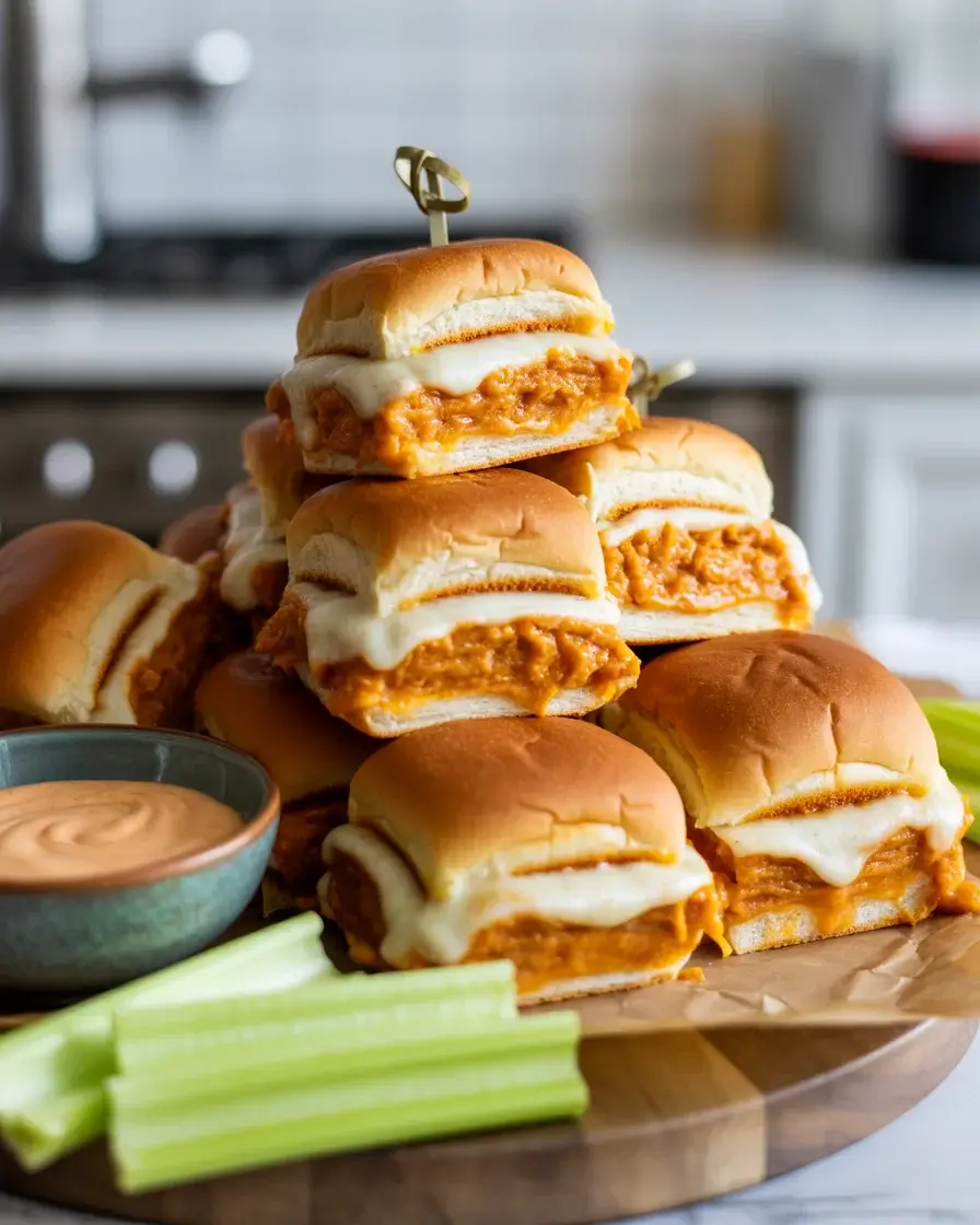 Golden buffalo pumpkin sliders garnished with blue cheese and green onions on a serving board