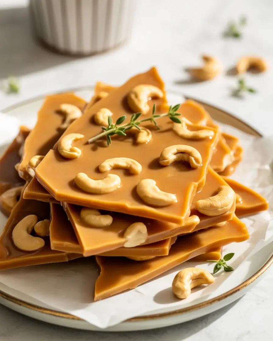 Golden cashew brittle with a glassy caramel snap and buttery toasted cashews