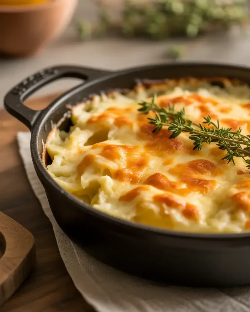 Golden cheesy scalloped potatoes bubbling straight from the oven in a cast iron dish
