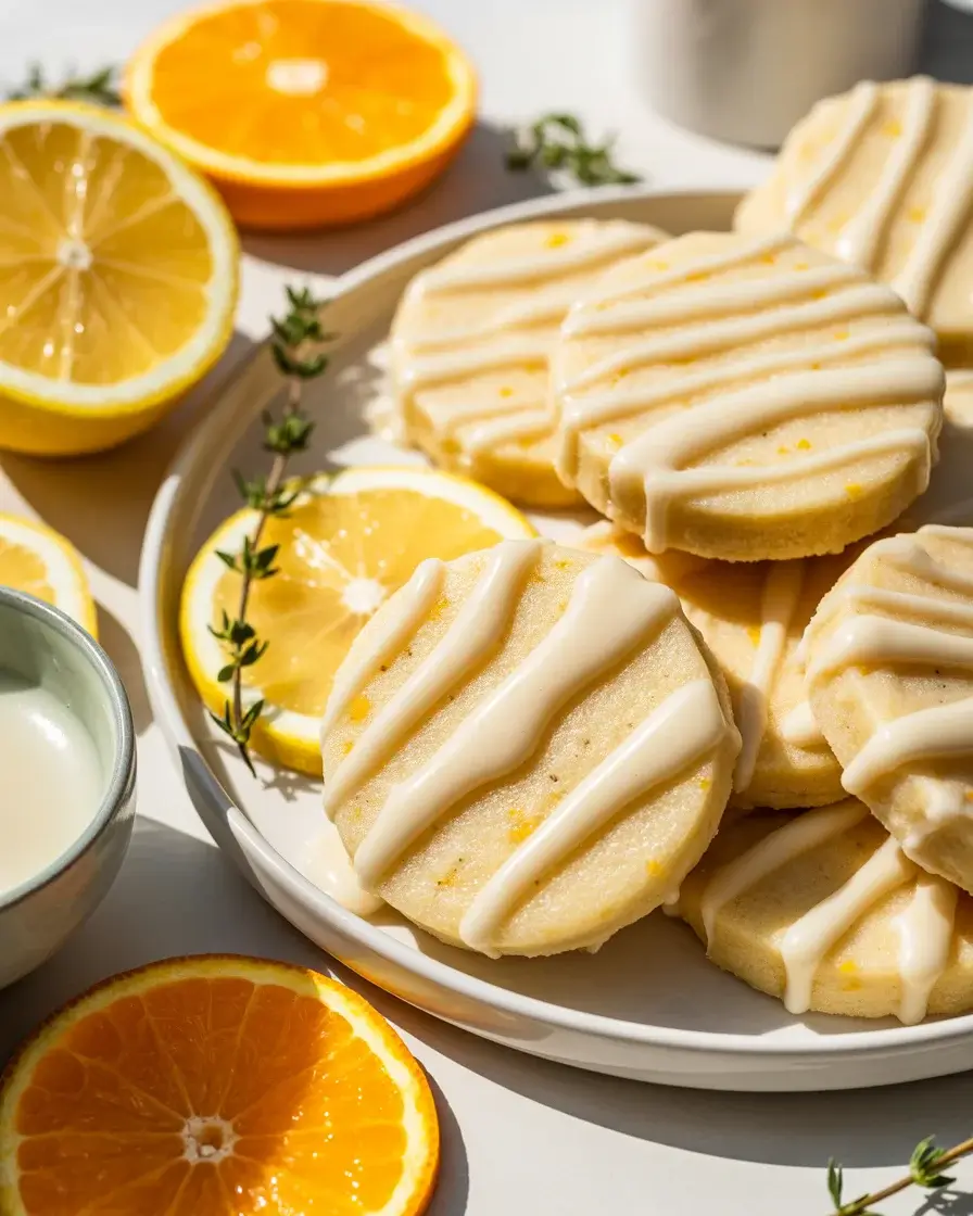 Golden citrus shortbread cookies with lemon glaze, fresh zest, and citrus slices on a white plate