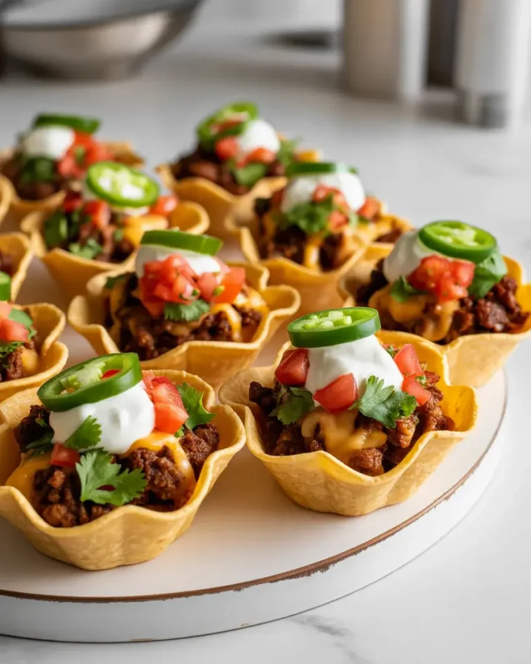 Golden crispy beef and cheese taco cups with fresh toppings on a slate board