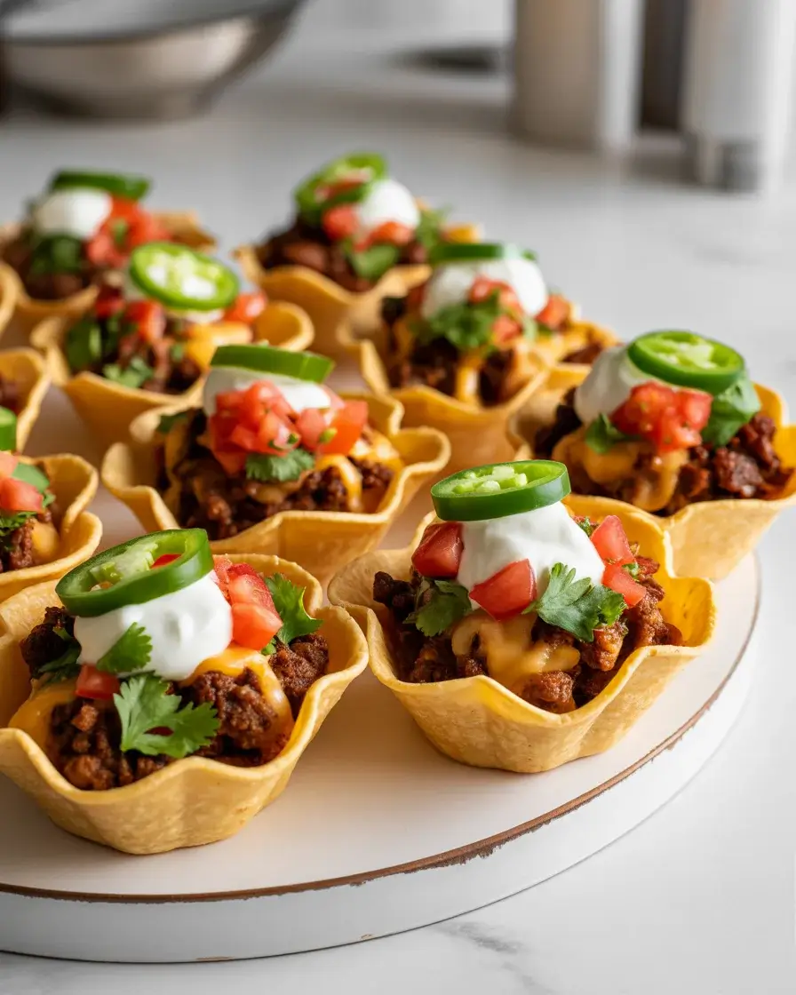 Golden crispy beef and cheese taco cups with fresh toppings on a slate board