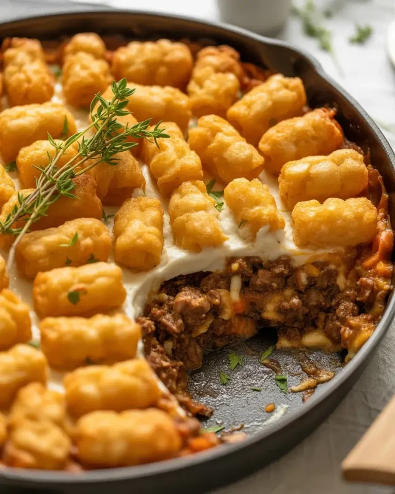 Golden crispy tater tot casserole with rich beef filling - a hearty weeknight dinner the whole table loves