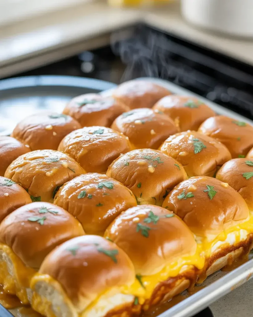 Golden garlic butter-glazed sliders fresh from the oven with bubbling melted cheese