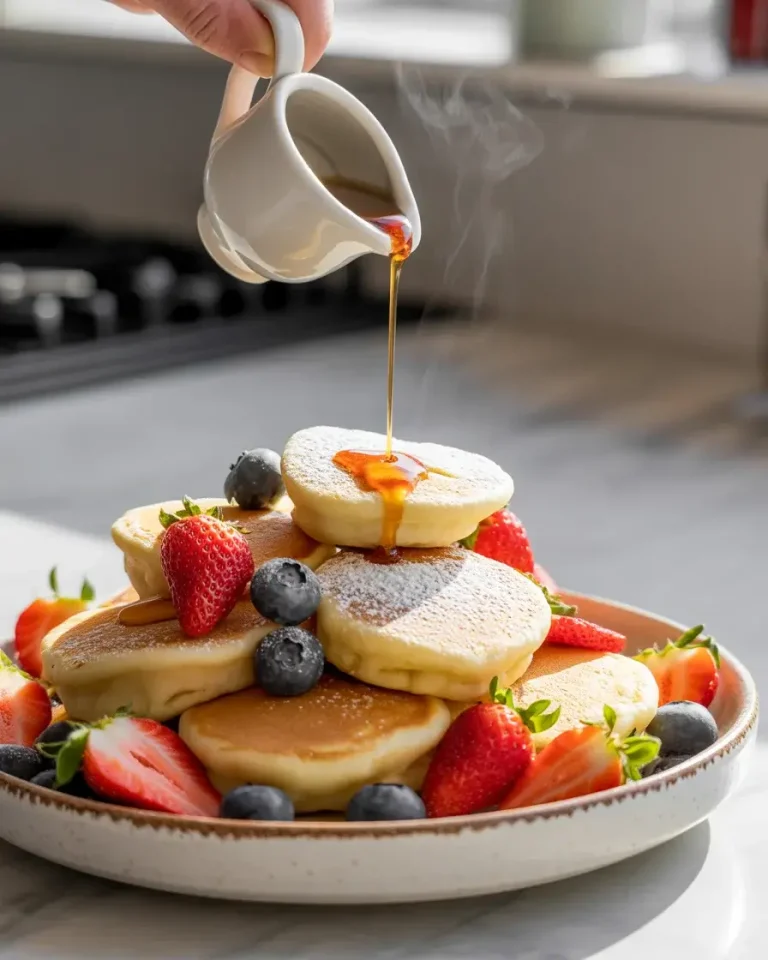Golden pancake poppers dusted with powdered sugar and drizzled with warm maple syrup