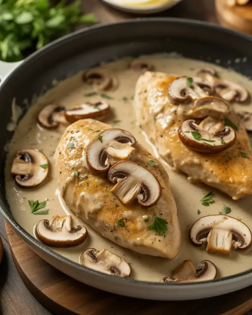Golden seared chicken breast nestled in a silky, earthy mushroom cream sauce