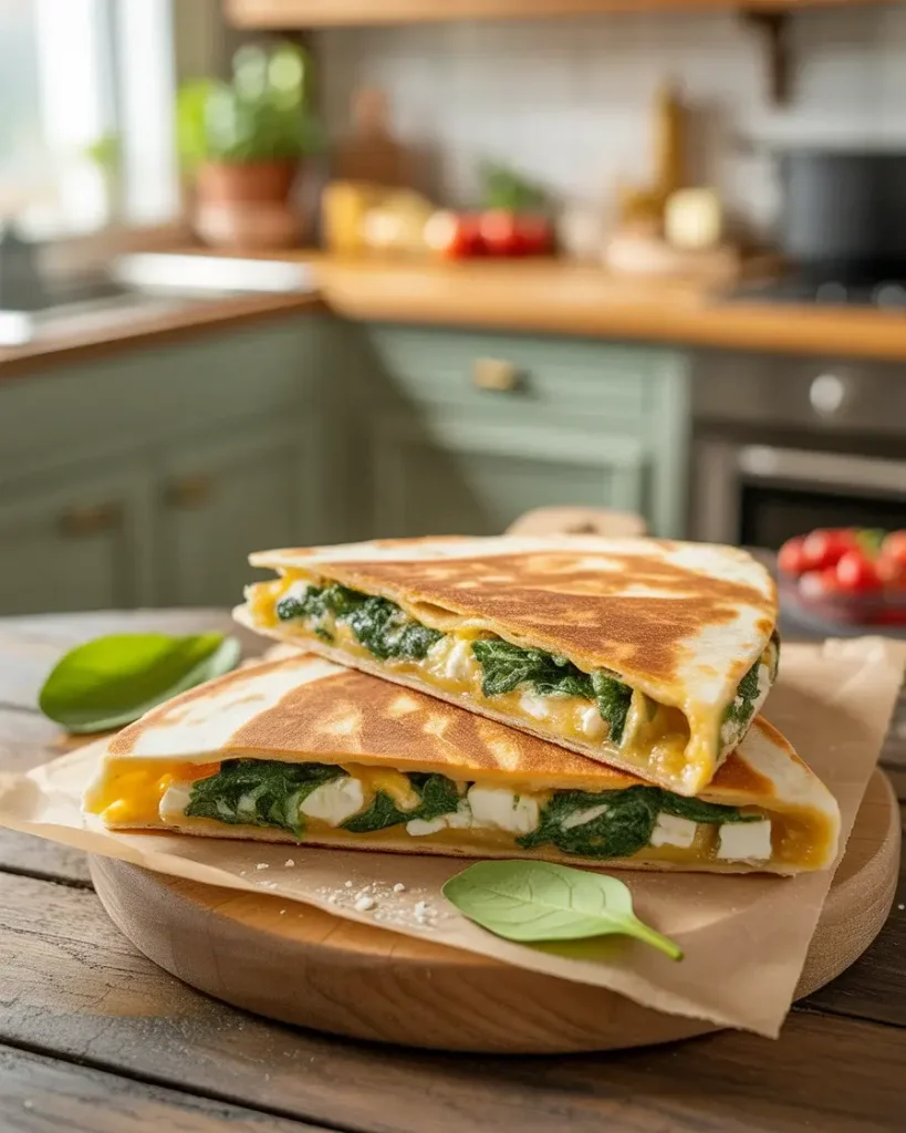 Golden spinach and feta quesadillas sliced and ready to serve.