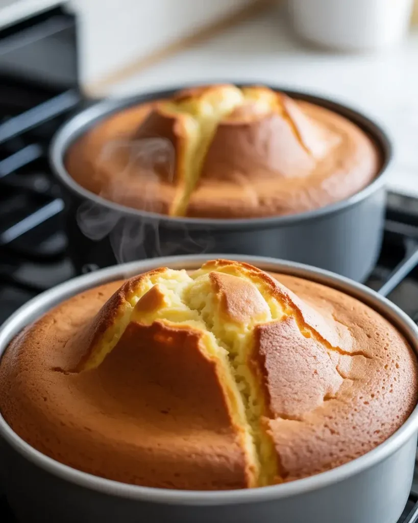 Golden vanilla sponge layers fresh from the oven, perfectly domed and springy