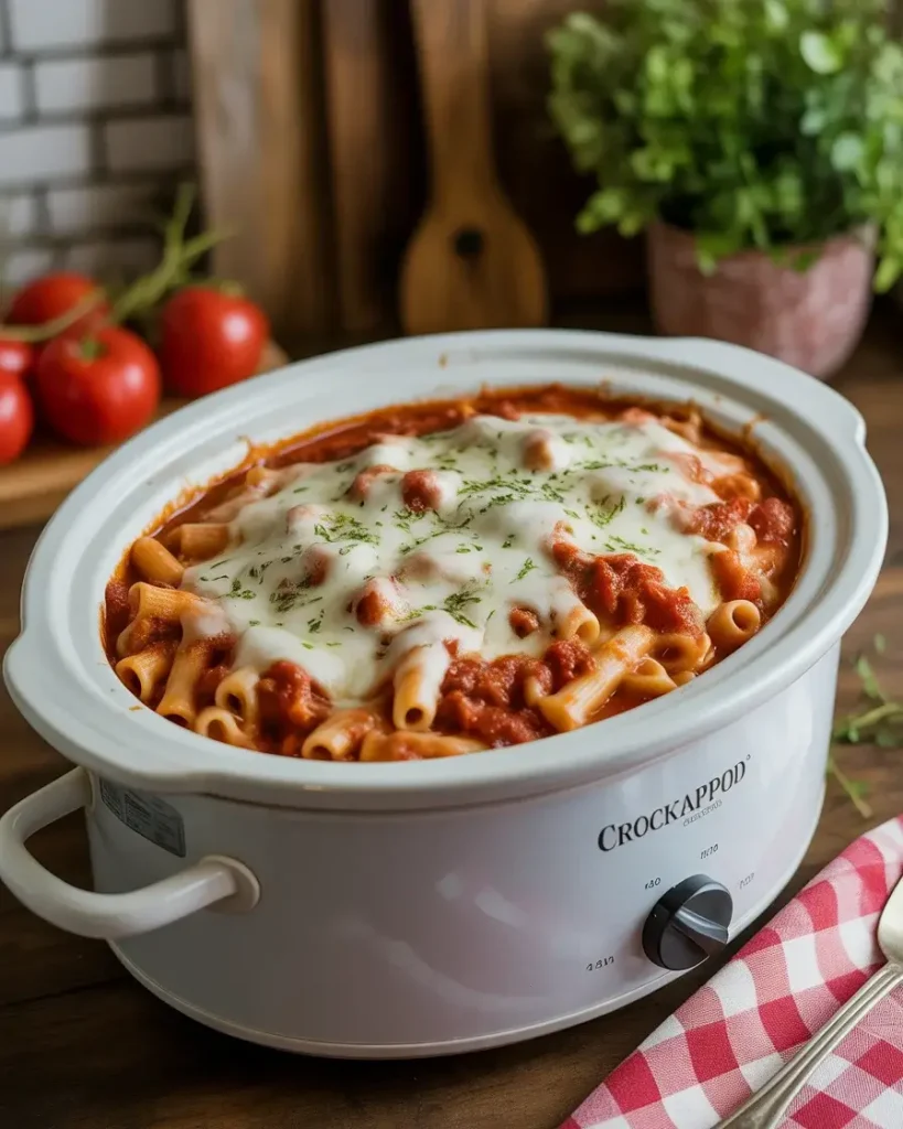 Gooey, cheesy slow cooker baked ziti bubbling with melted mozzarella and rich tomato sauce