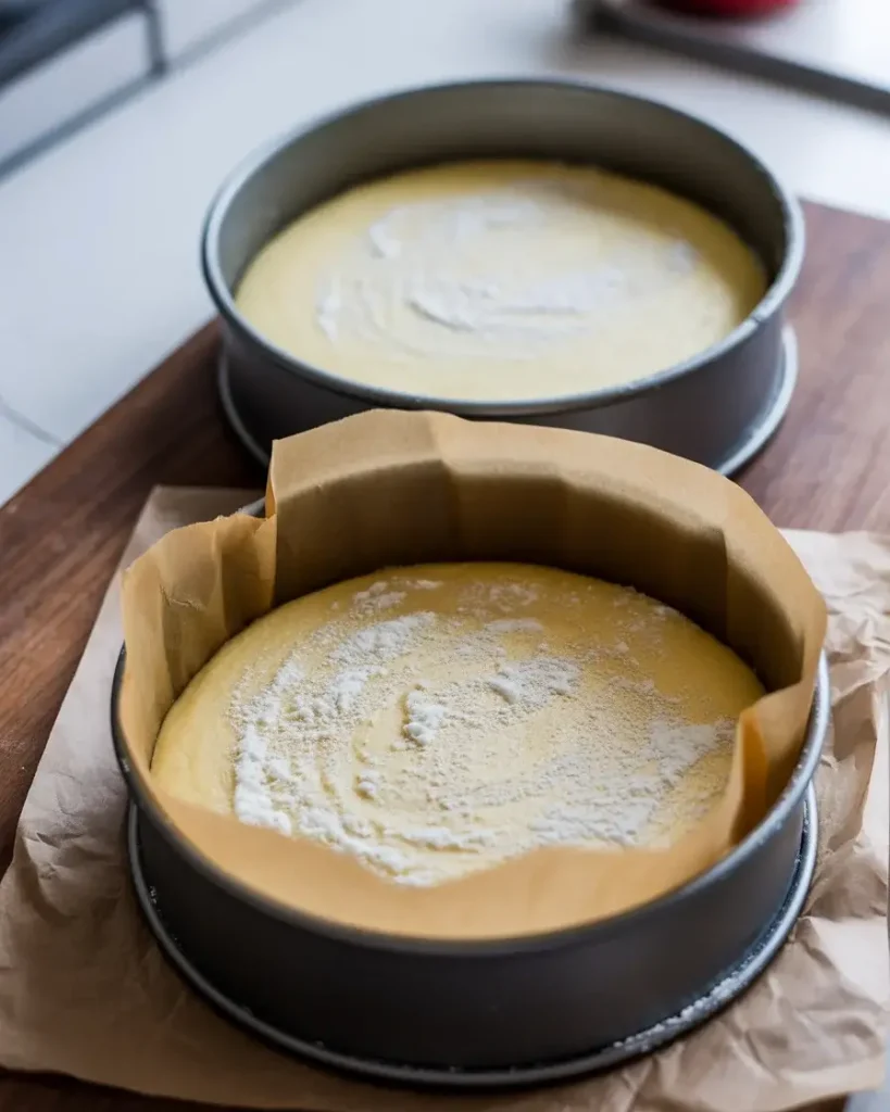Greased and floured cake pans with parchment lining ready for butterscotch batter
