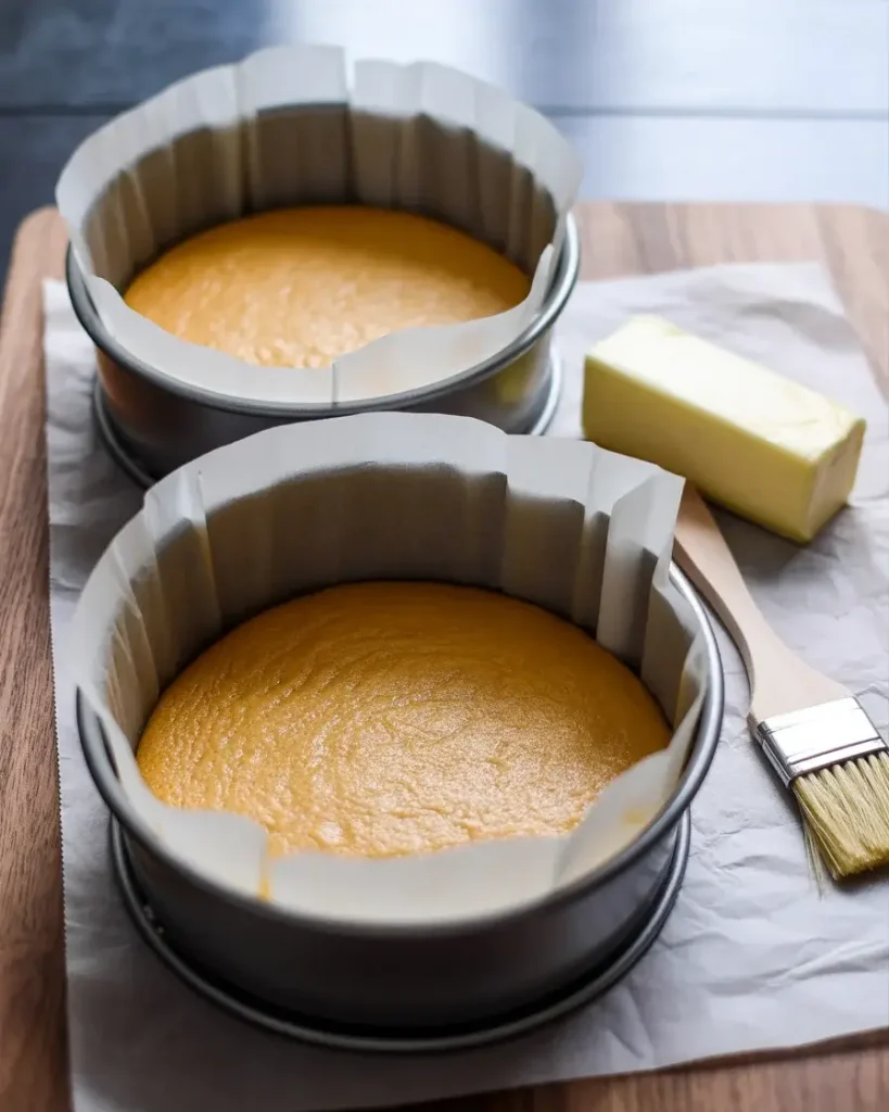Greased and parchment-lined cake pans ready for raspberry cream cake batter