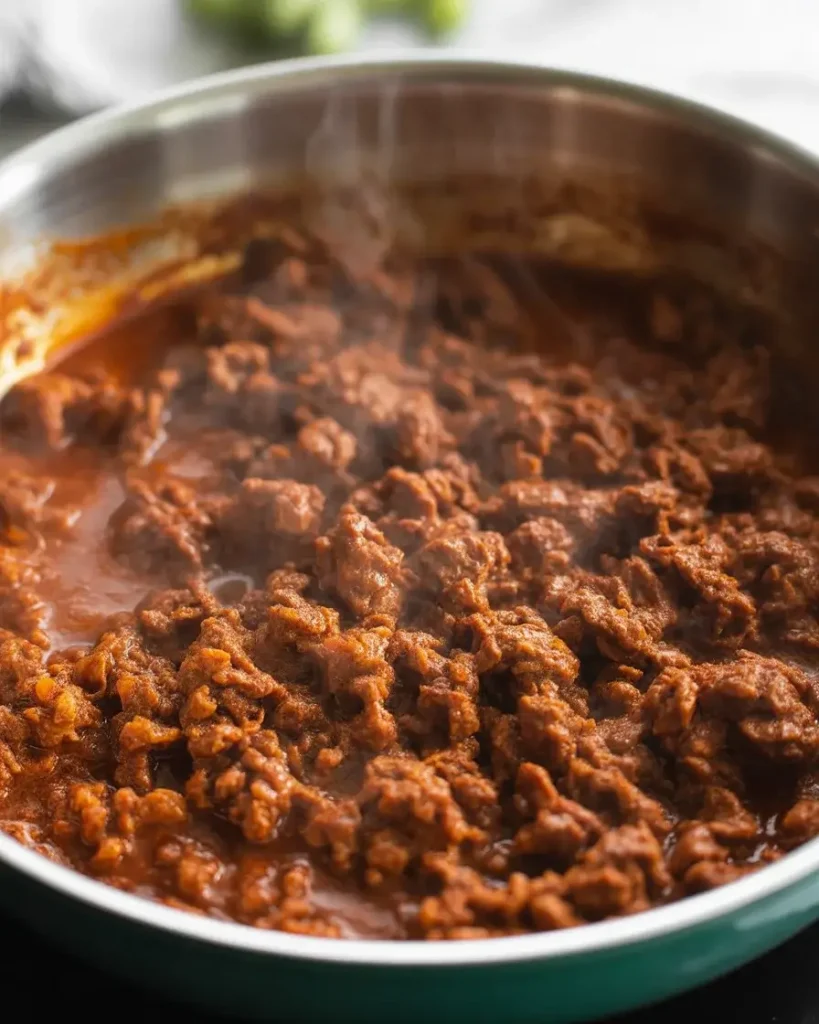 Ground beef browning in a skillet with caramelized edges