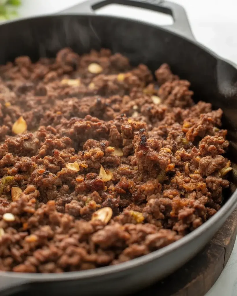 Ground beef left untouched to develop a deep, crispy caramelized crust