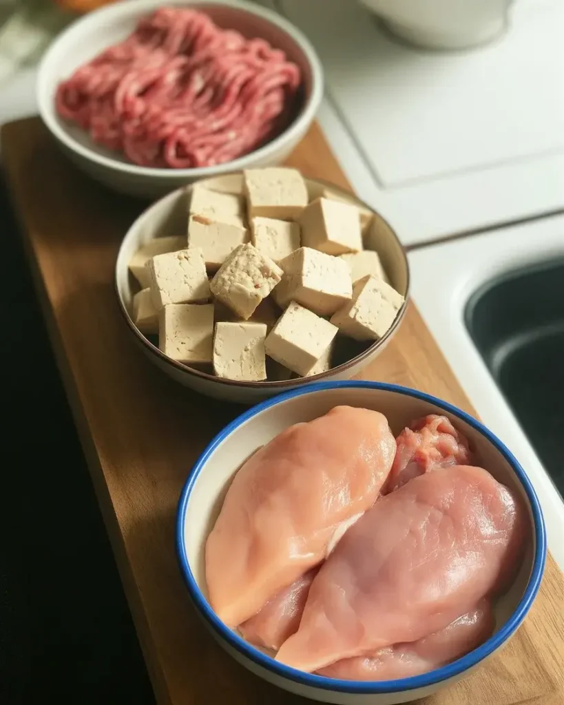 Ground beef, tofu, and chicken thigh all work as proteins in this rice bowl