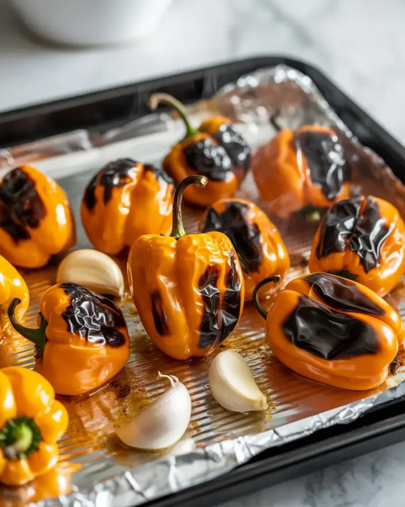 Habaneros and garlic fully charred under the broiler for deep smoky flavorHabaneros and garlic fully charred under the broiler for deep smoky flavor