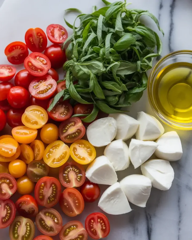 Halved cherry tomatoes, torn mozzarella, and fresh basil ribbons ready to assemble