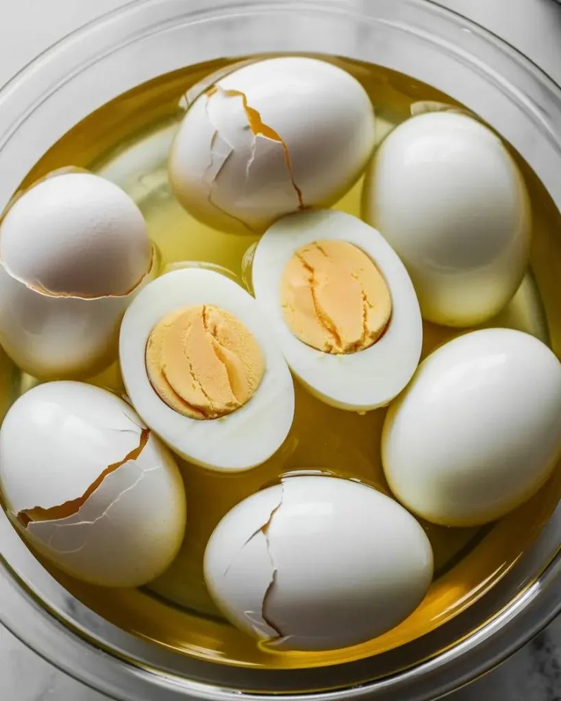Hard-boiled eggs cooling in an ice bath for easy peeling and perfect texture