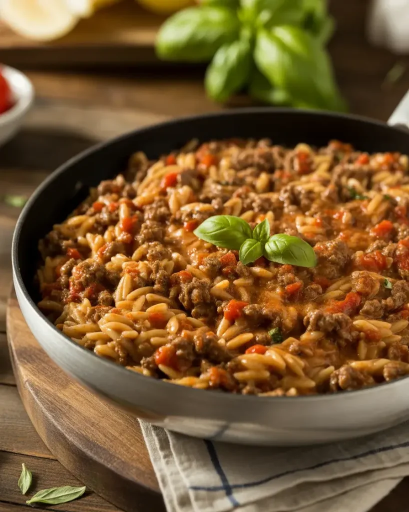 Hearty ground beef orzo coated in a rich, creamy tomato sauce served straight from the pan.