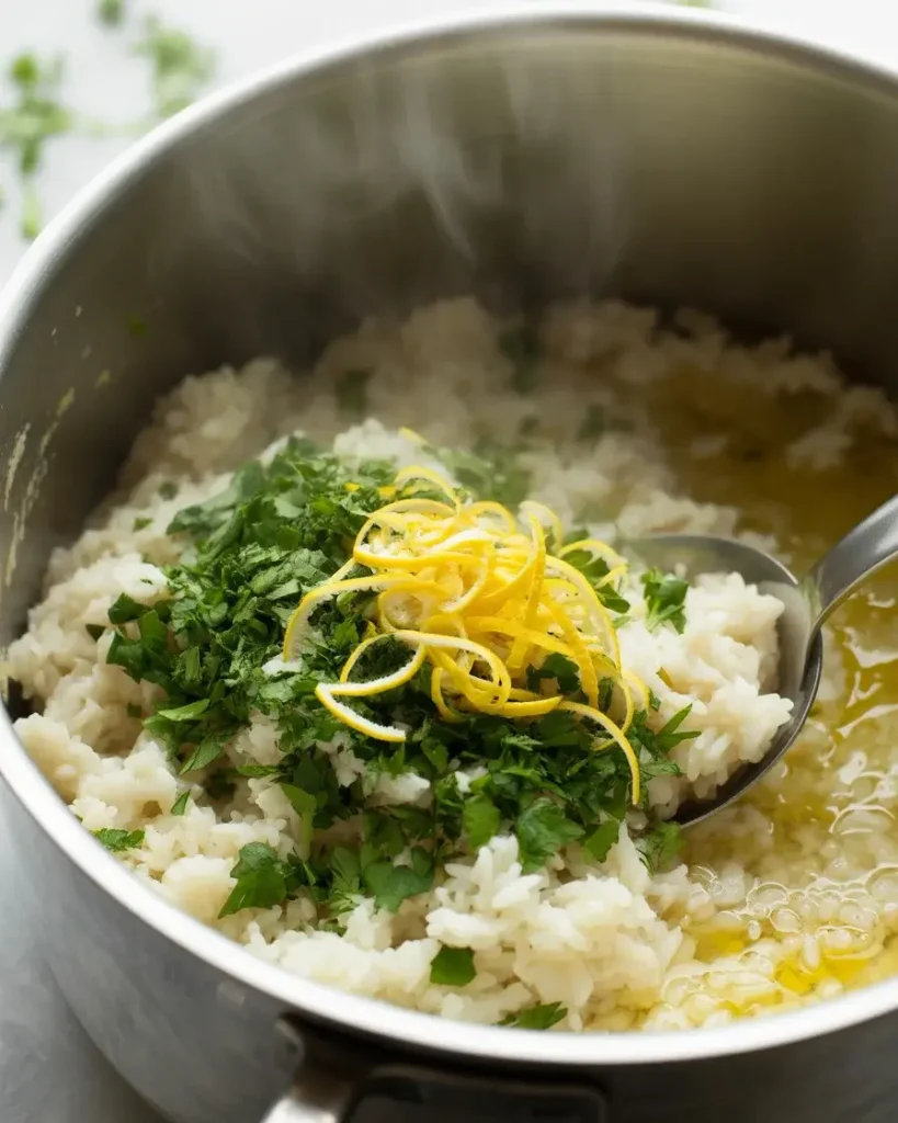 Herbed lemon rice folded with fresh parsley and lemon zest for the bowl base