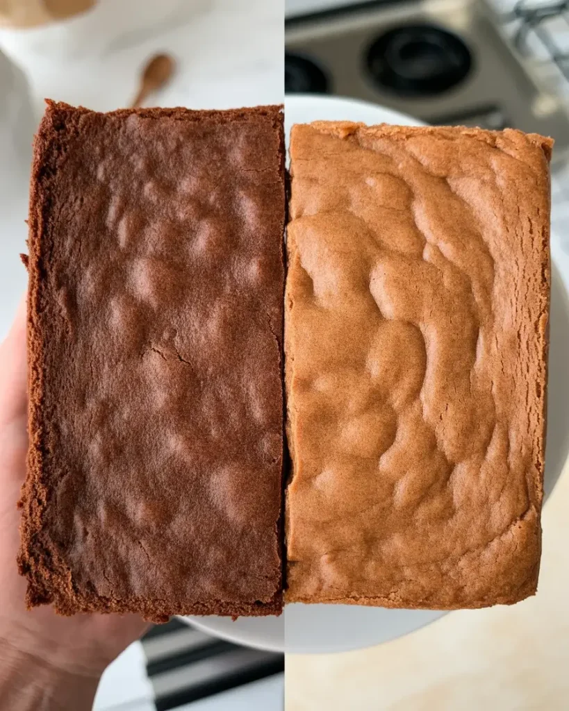 Homemade brownie versus box mix showing texture differences